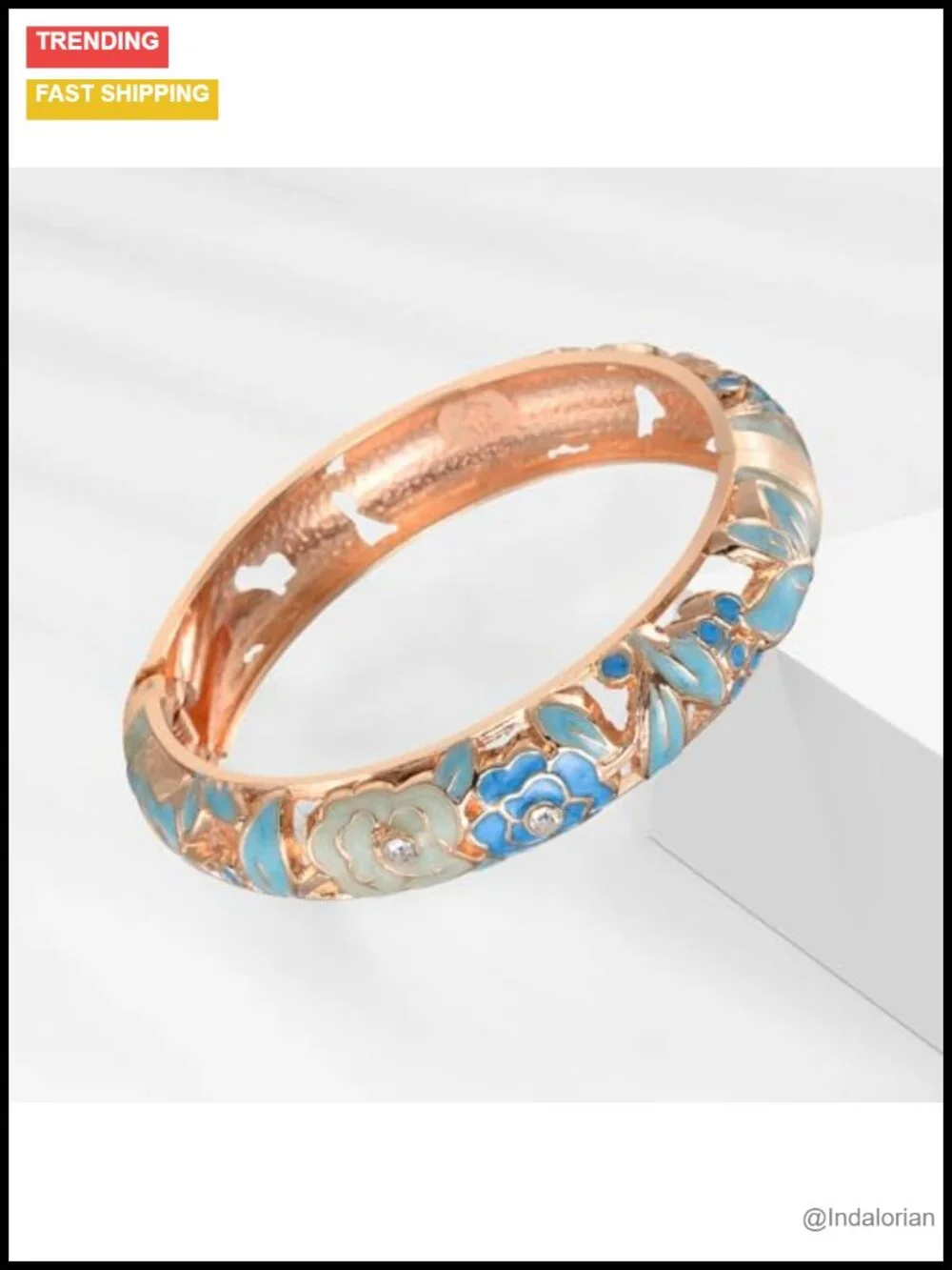 Vintage Cloisonne Enamel Hinged Cuff Bracelet Set Floral Rhinestone Bangle